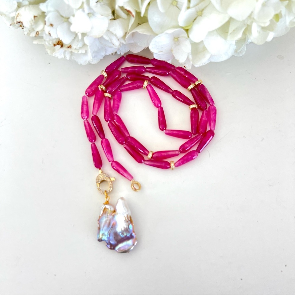 Natural Pink Rubellite Tourmaline Gemstone Baroque Pearl Long Designer Necklace